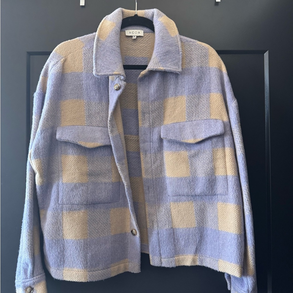 Purple and Cream Teddy Jacket with Plaid Pattern